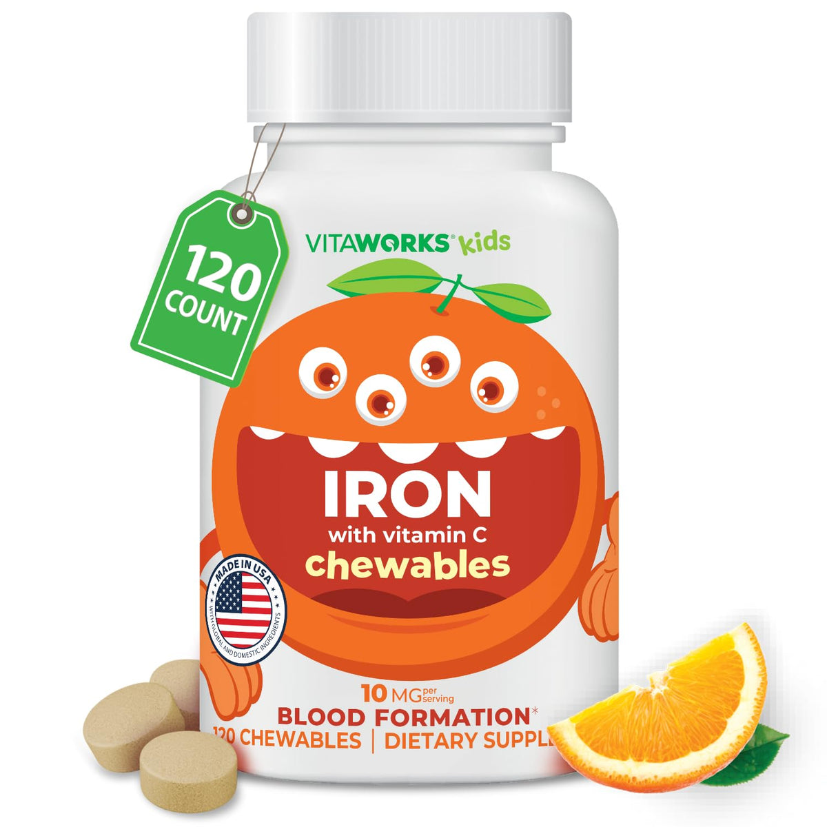VitaWorks Compléments Alimentaires Fer Enfants 10 mg 120 Comprimés Orange vue avant