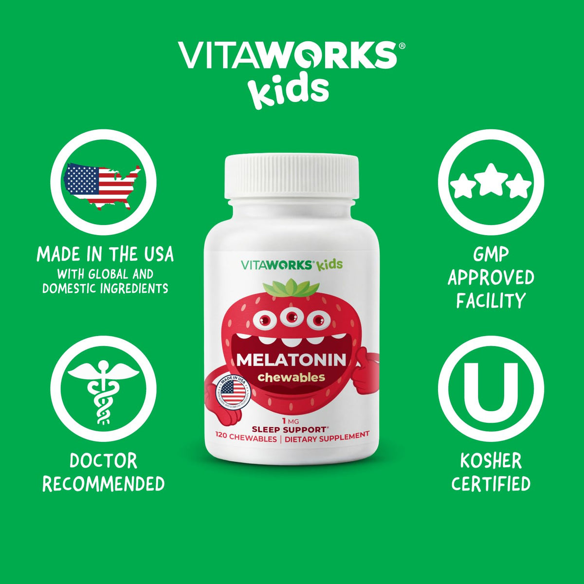 VitaWorks Melatonine 1 mg flacon avec étiquette visible