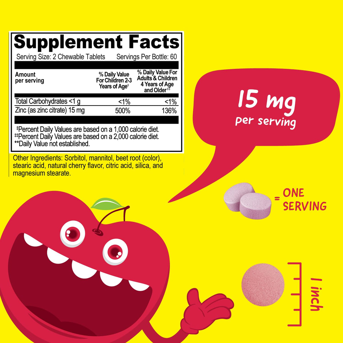 VitaWorks Zinc 15mg comprimés à mâcher cerise, vue de côté