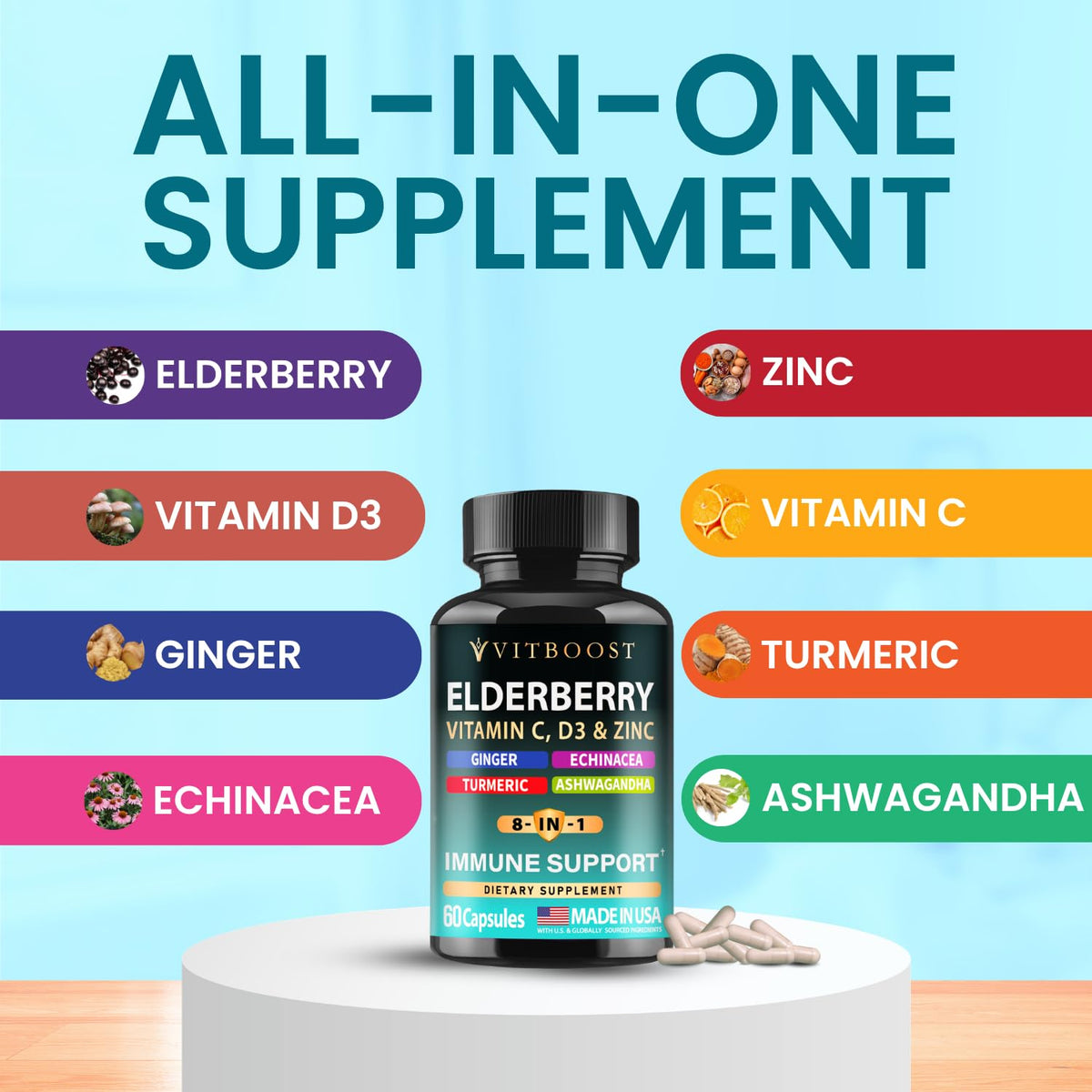 VITBOOST Complément Alimentaire Sureau 8 en 1 capsules prises avec un verre d'eau