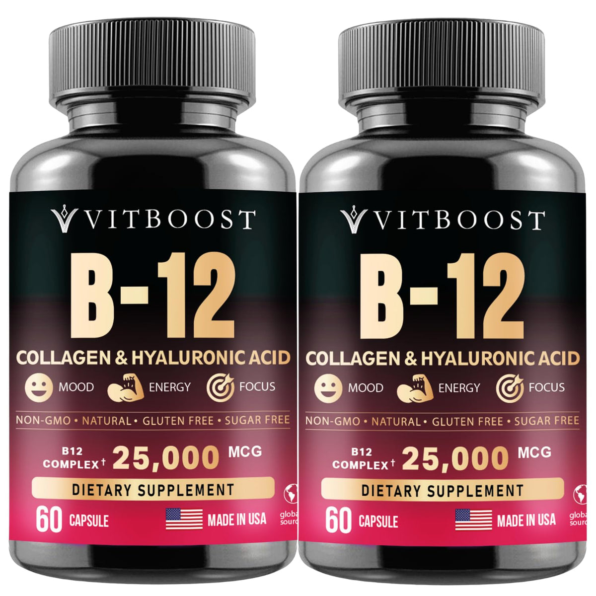 VITBOOST complexe de vitamine B12 avec collagène et acide hyaluronique, emballage avant