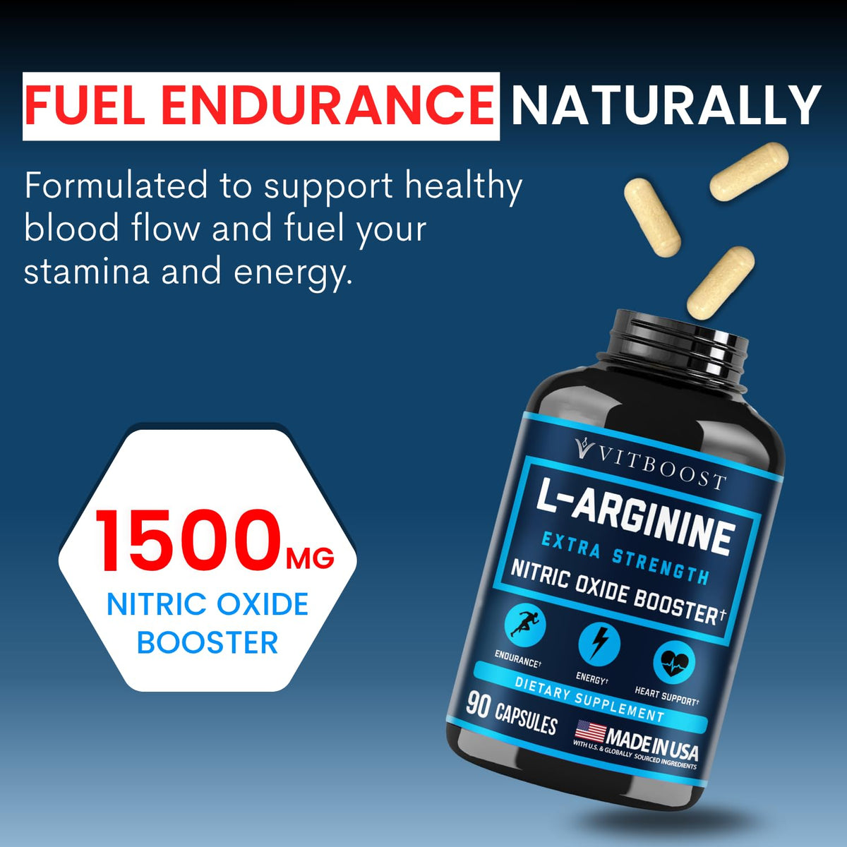 VITBOOST L-Arginine 1500mg capsules on a wooden table