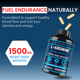 VITBOOST L-Arginine 1500mg capsules on a wooden table