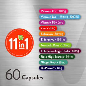 Viteey 11 en 1 capsules avec des ingrédients naturels en arrière-plan