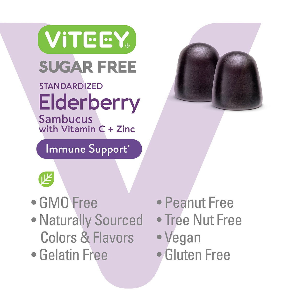 Viteey Gummies au Sureau Noir avec quelques gummies éparpillées