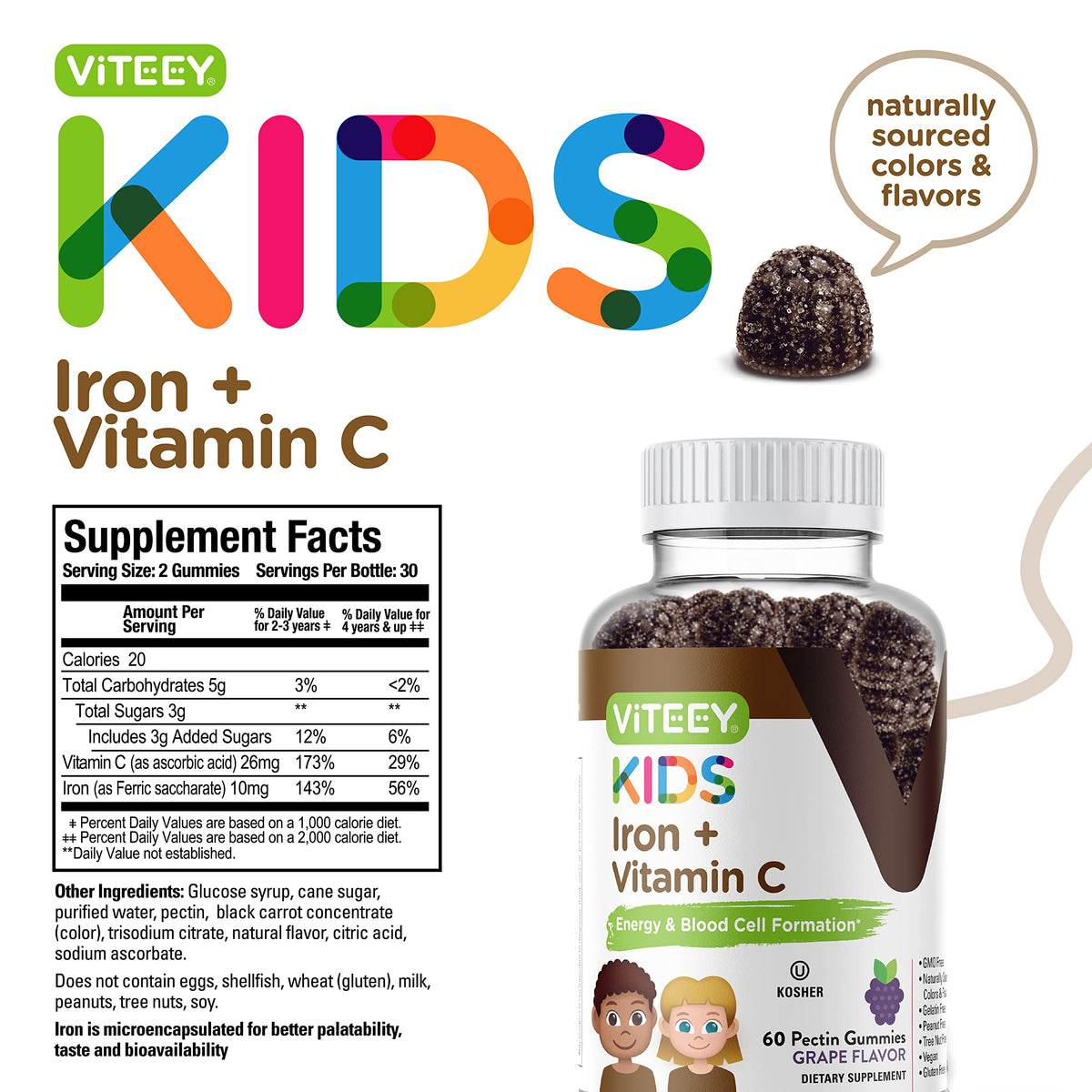 Viteey gummies avec fer et vitamine C, ingrédients naturels