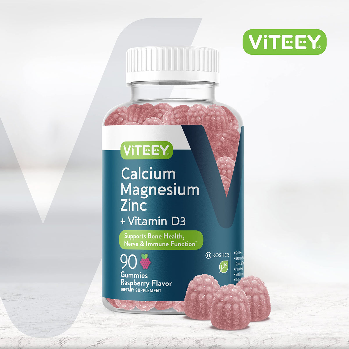 Viteey Gummies Calcium Magnésium Zinc 3 gummies sur une table