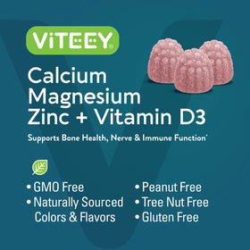 Viteey Gummies Calcium Magnésium Zinc pot ouvert avec gummies