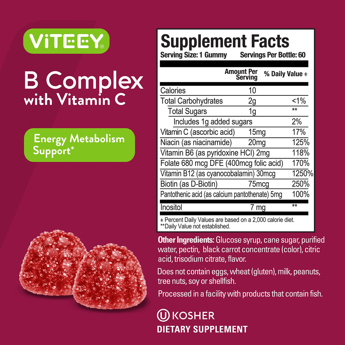 Viteey Gummies Complexe de Vitamines B 60 gummies saveur fraise avec une main