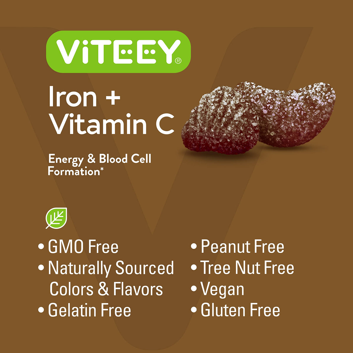 Viteey Gummies de Fer sur une table avec une bouteille d'eau