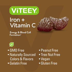 Viteey Gummies de Fer sur une table avec une bouteille d'eau
