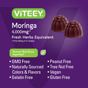 Viteey Gummies de Moringa 4000mg sur une table avec des fruits