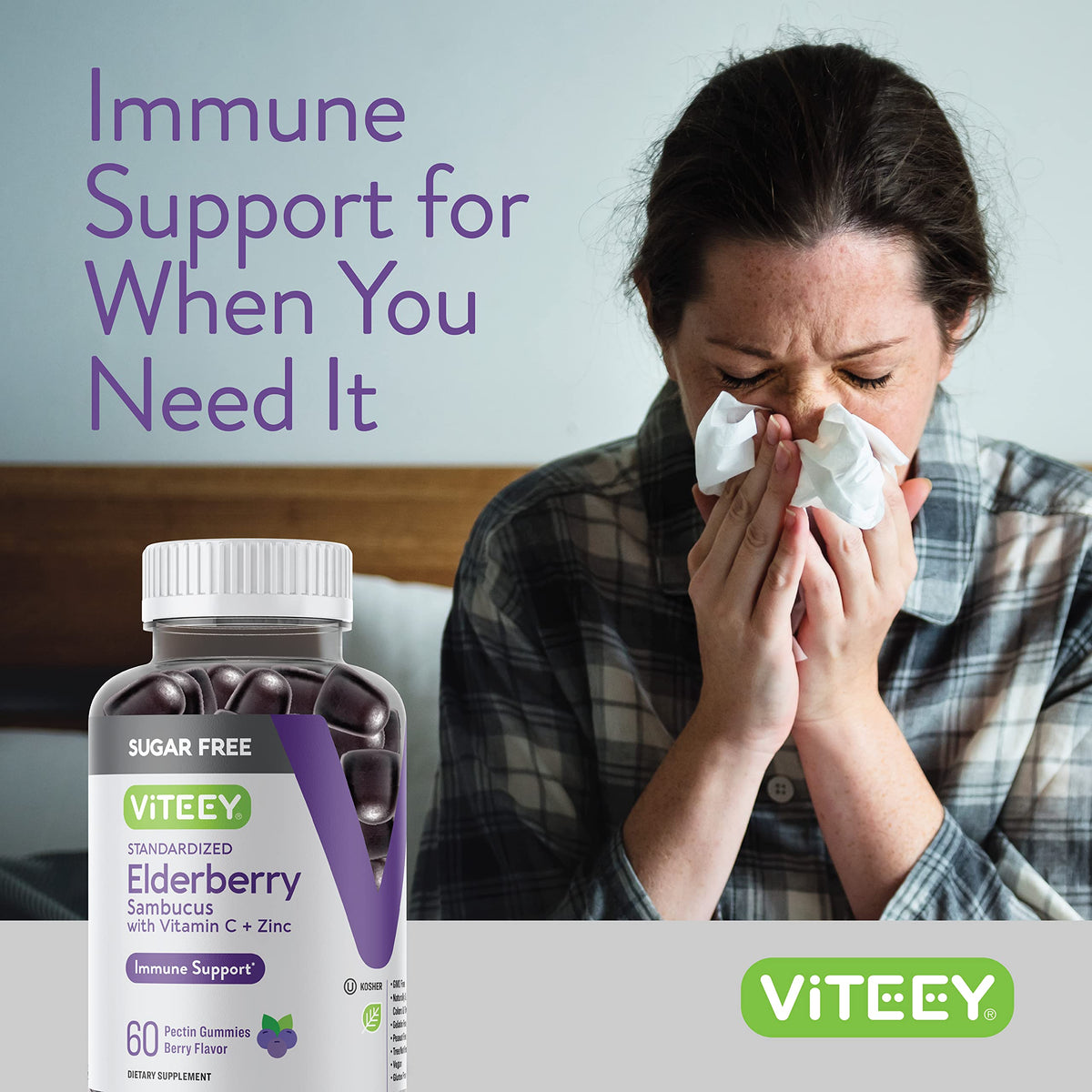 Viteey Gummies de Sureau Noir sur fond blanc avec des fruits