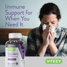 Viteey Gummies de Sureau Noir sur fond blanc avec des fruits