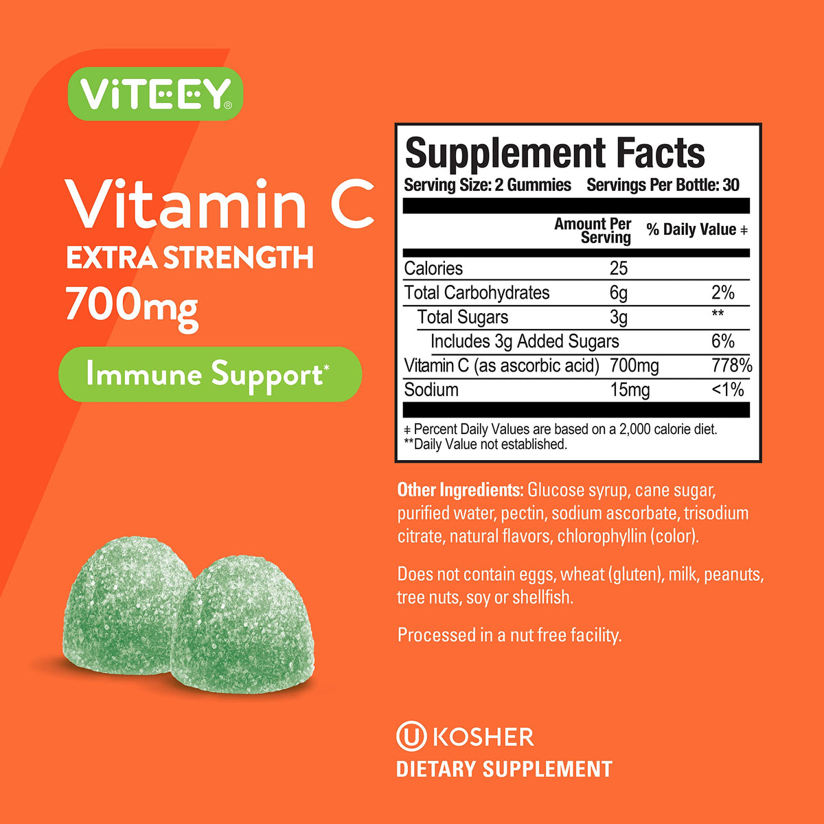 Viteey Gummies de Vitamine C, détails des ingrédients sur l'emballage