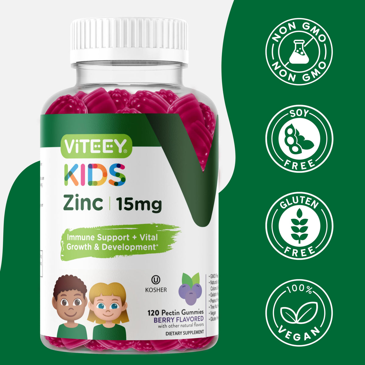 Viteey gummies de zinc, affichage de l'étiquette Kosher sur l'emballage