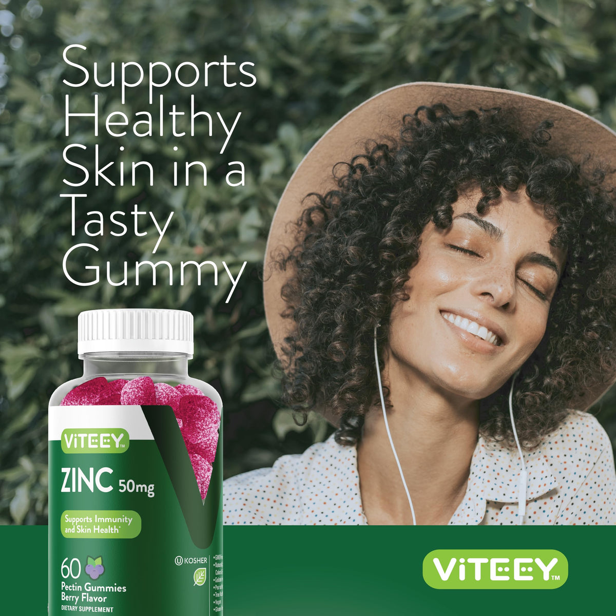 Viteey Gummies de Zinc, affichage des gummies avec des fruits