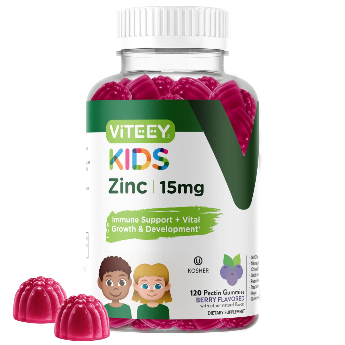 Viteey gummies de zinc pour enfants, emballage frontal avec 120 gummies framboise