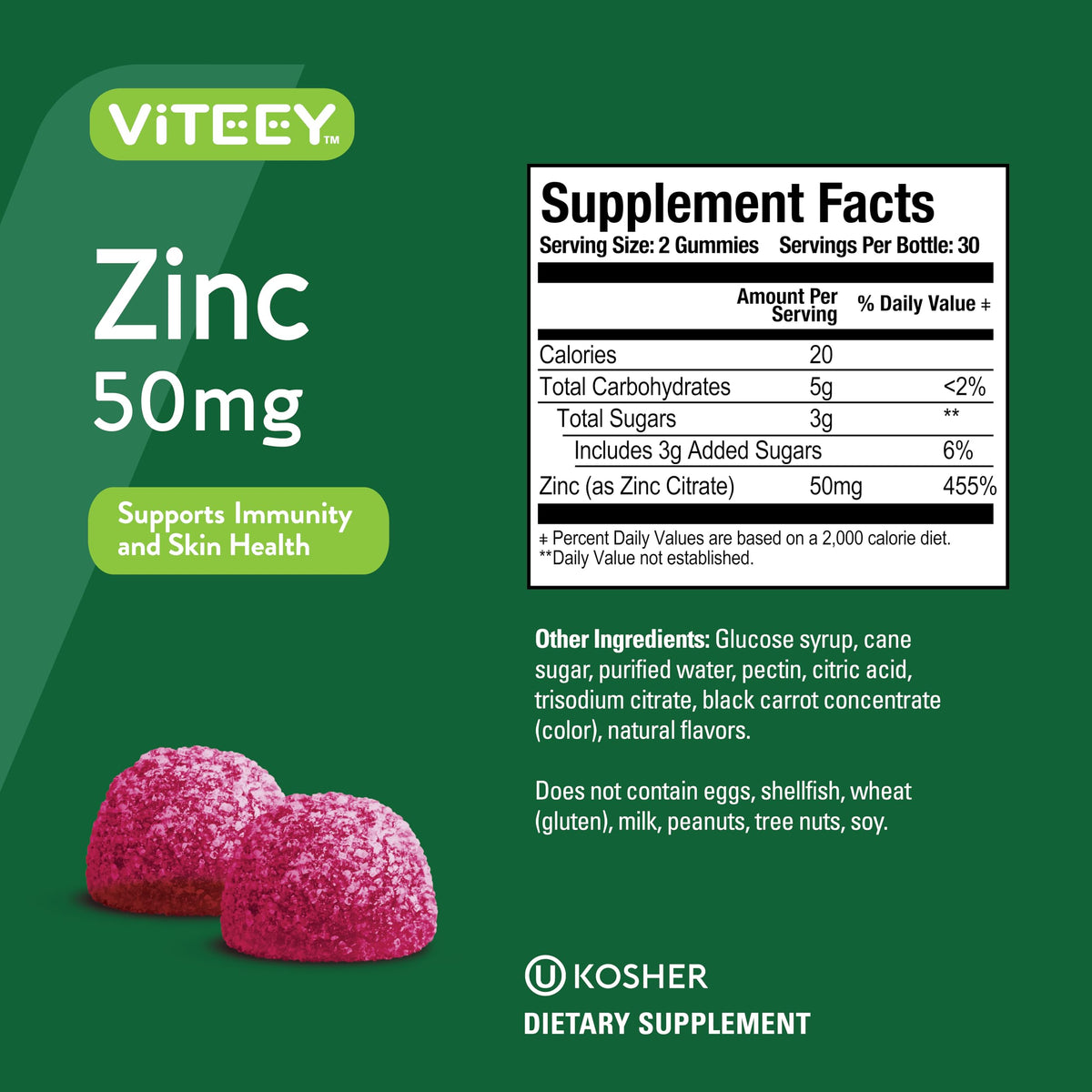 Viteey Gummies de Zinc, vue de côté de l'emballage