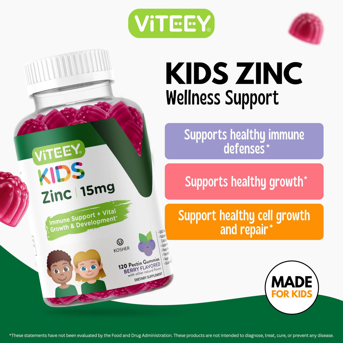 Viteey gummies de zinc, vue de côté montrant les gummies colorés dans un pot