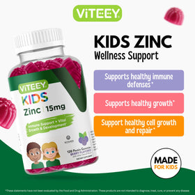 Viteey gummies de zinc, vue de côté montrant les gummies colorés dans un pot