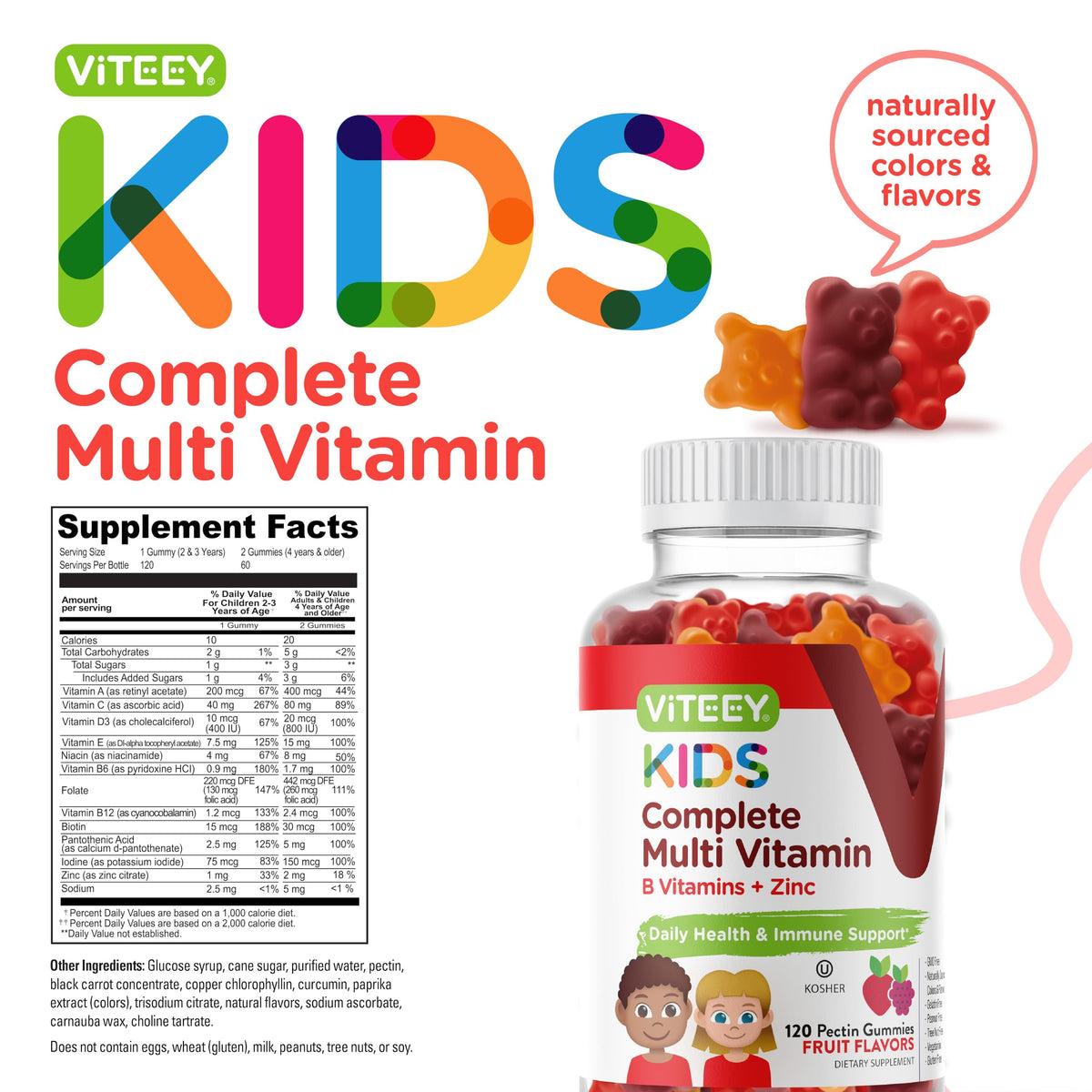 Viteey gummies multivitamines enfants pot ouvert avec gummies visibles