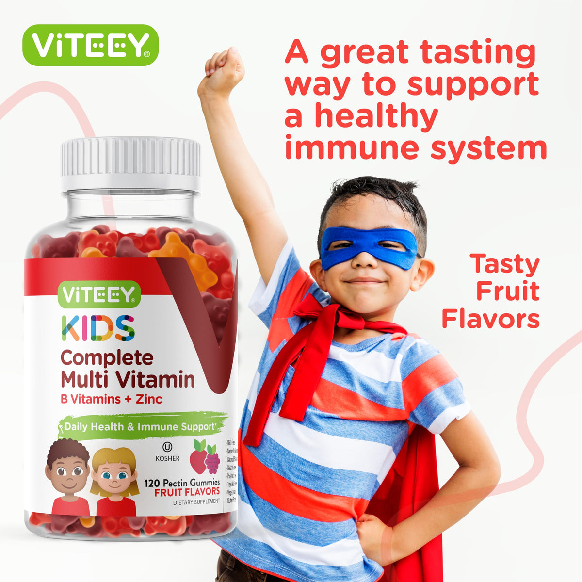 Viteey gummies multivitamines enfants sur une table avec des fruits
