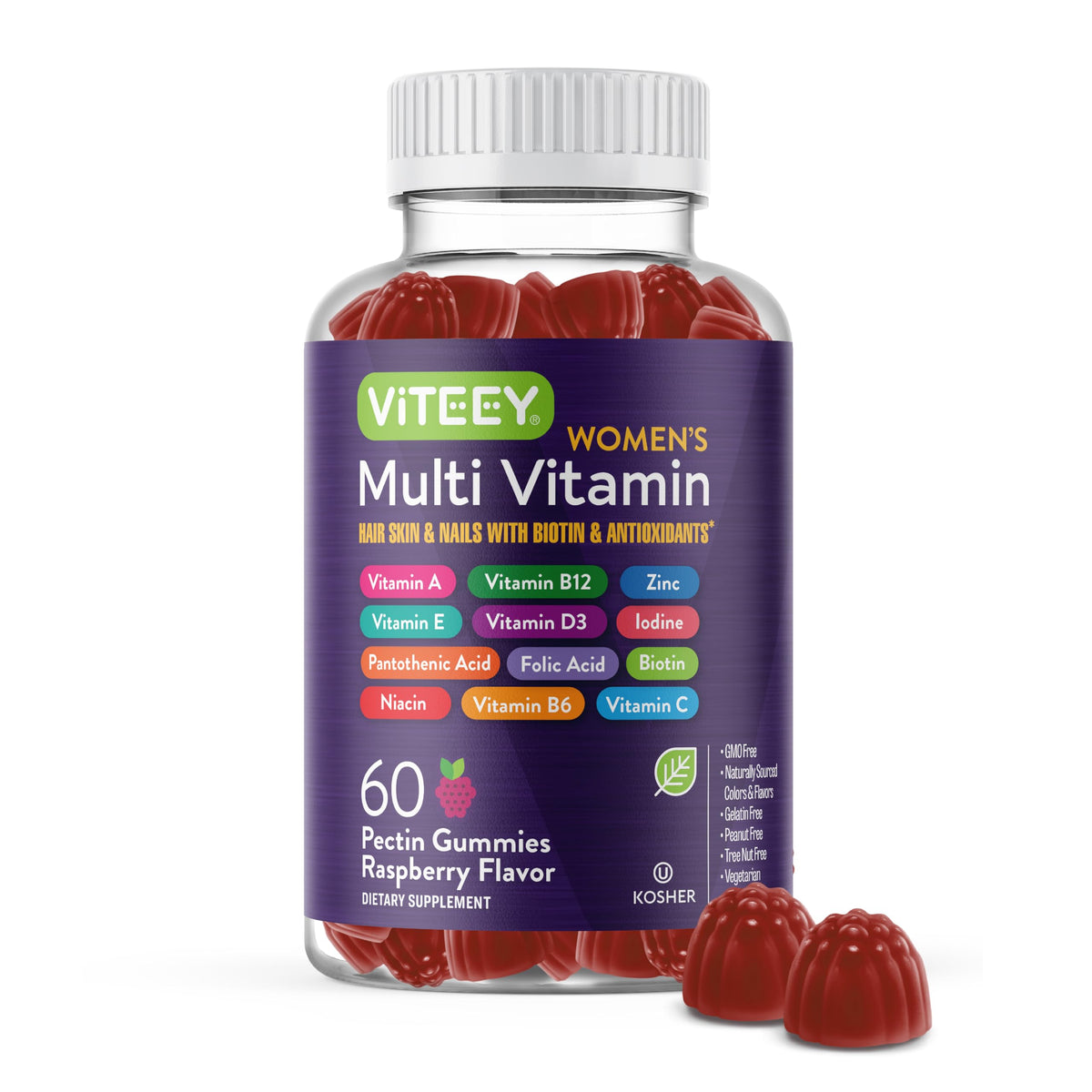 Viteey Gummies Multivitamines Femmes 60 Gummies Framboise, vue de face