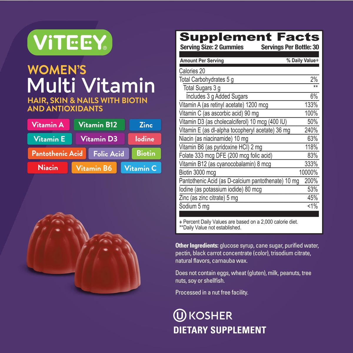 Viteey Gummies Multivitamines Femmes, présentation des gummies sur une table