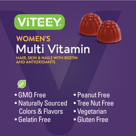 Viteey Gummies Multivitamines Femmes, prise des gummies avec un verre d'eau