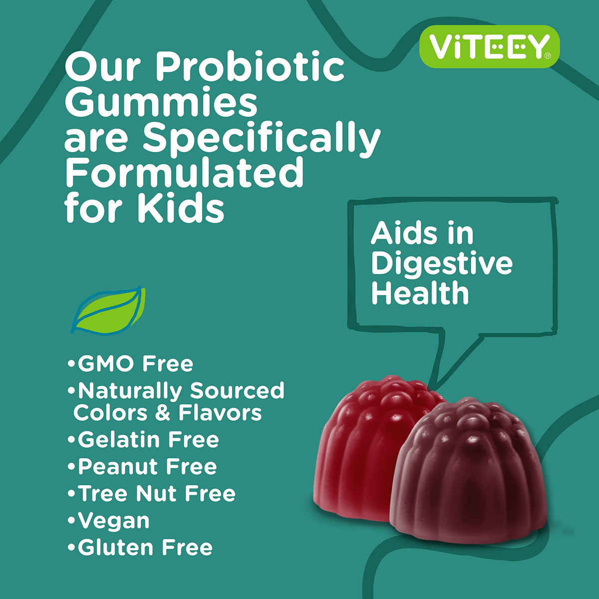 Viteey Gummies Probiotiques Enfants gummies dans la main d'un enfant