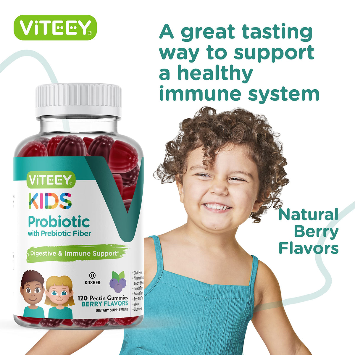 Viteey Gummies Probiotiques Enfants pot ouvert avec gummies visibles