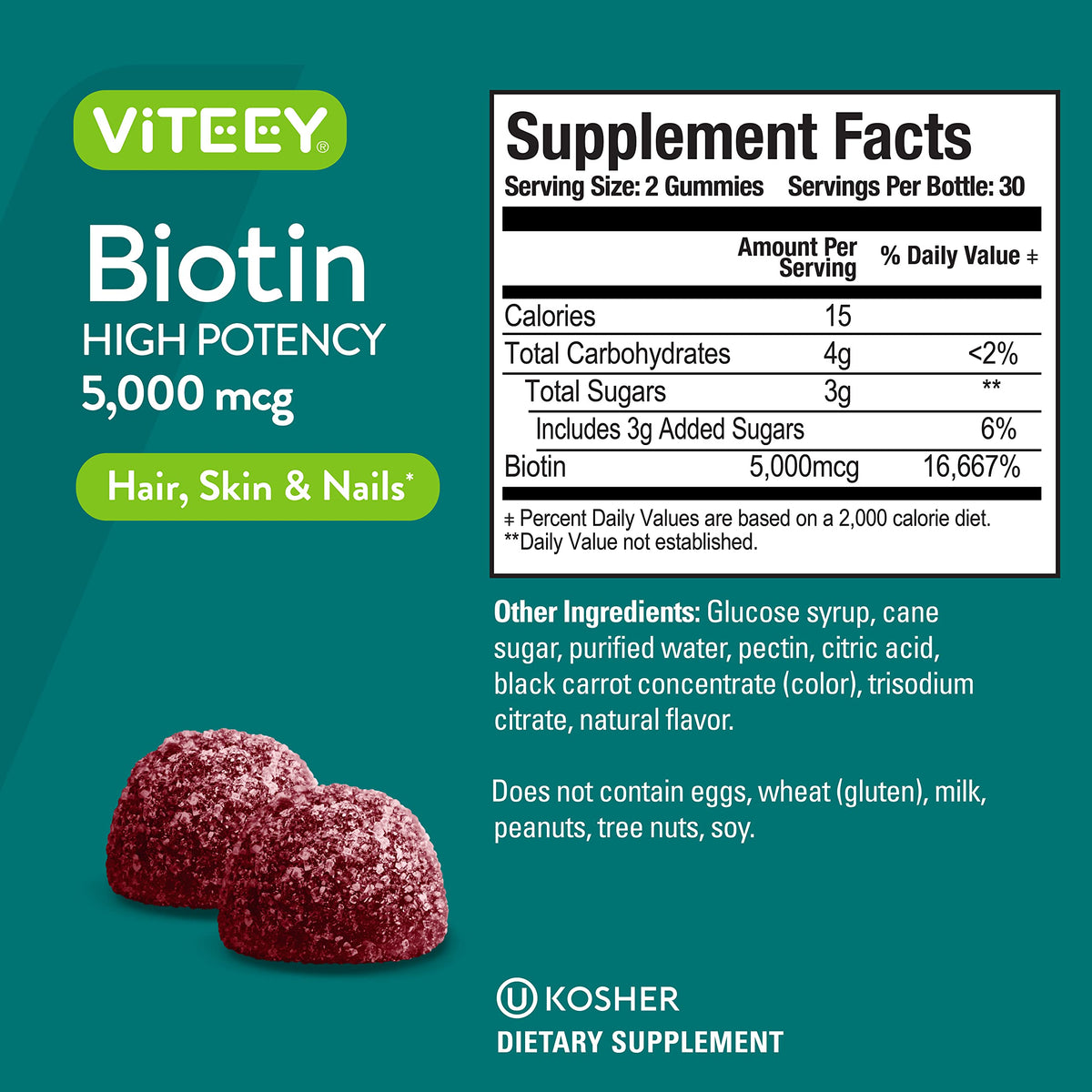 Viteey Gummy de Biotine 5000 mcg gommes sur une table