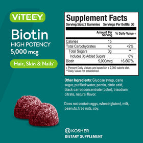 Viteey Gummy de Biotine 5000 mcg gommes sur une table