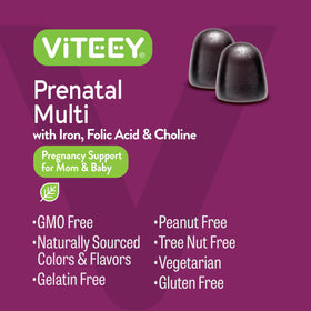 Viteey Gummy Prénatales ouvertes avec gummies visibles