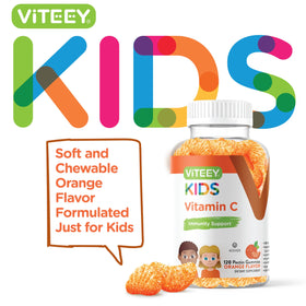 Viteey Gummy Vitamines C pour Enfants, gélules orange sur fond blanc