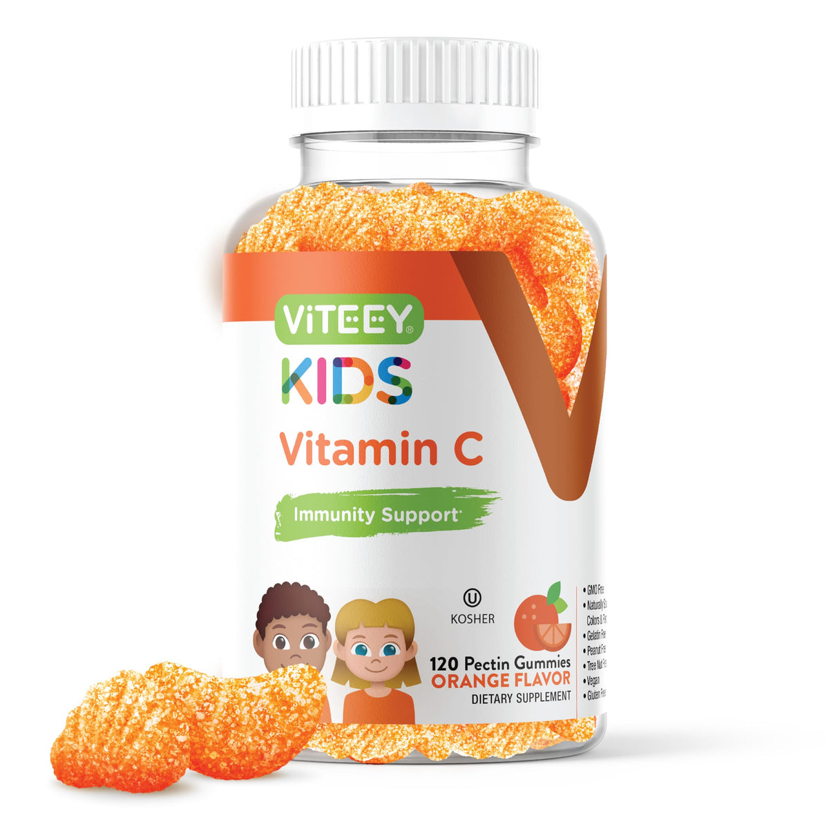 Viteey Gummy Vitamines C pour Enfants, pot de 120 gélules orange