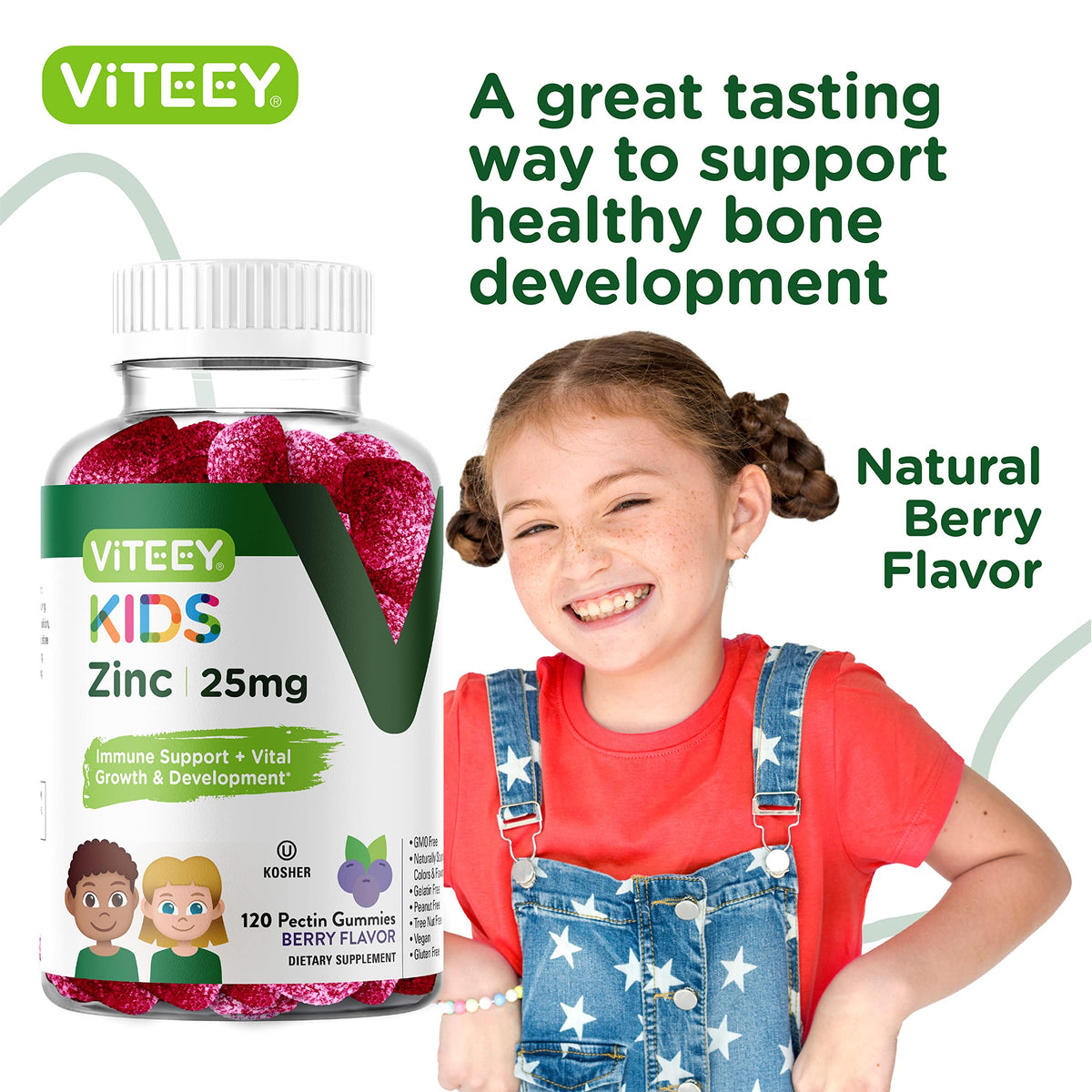 Viteey Zinc Gummies pour Enfants 25 mg avec arrière-plan naturel