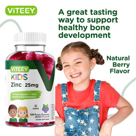 Viteey Zinc Gummies pour Enfants 25 mg avec arrière-plan naturel