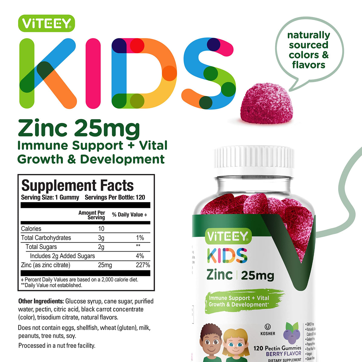 Viteey Zinc Gummies pour Enfants 25 mg en main avec gommes