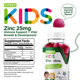 Viteey Zinc Gummies pour Enfants 25 mg en main avec gommes