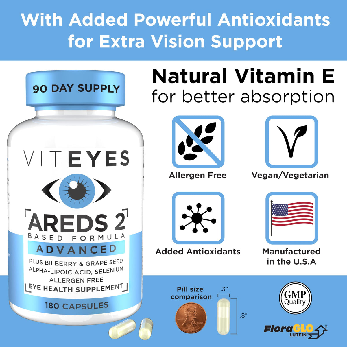 Viteyes AREDS 2 Advanced avec capsules sur une table en bois