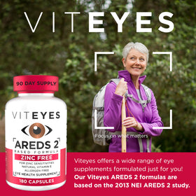 Viteyes AREDS 2 Zinc Free 180 Capsules côté avec étiquettes
