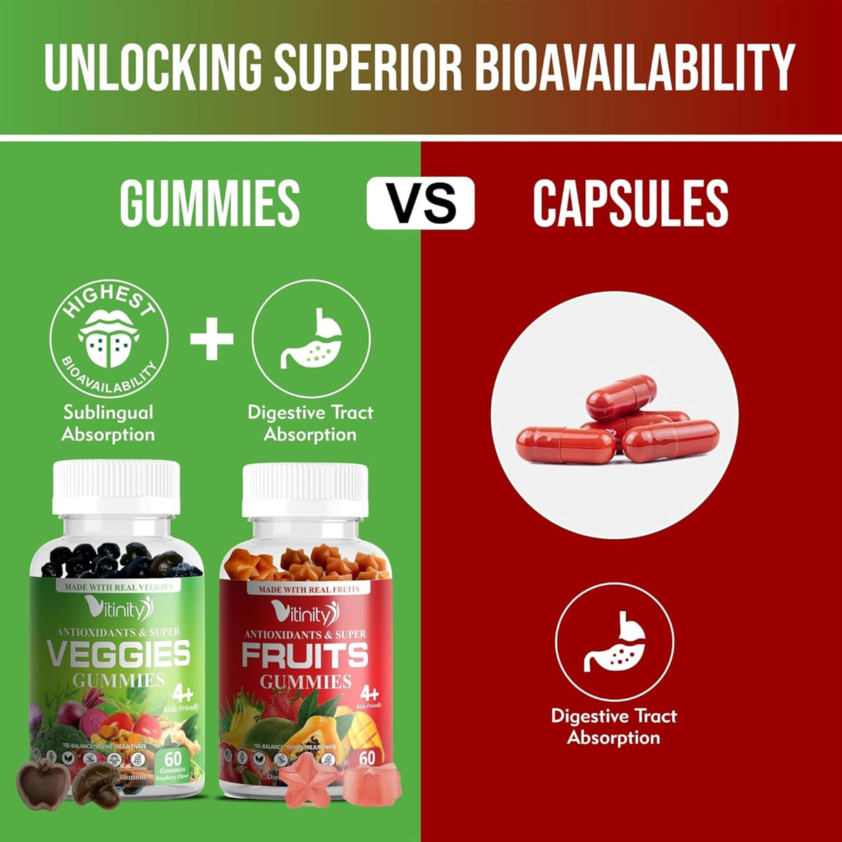 VITINITY Gummies de Fruits et Légumes, mise en scène avec des fruits frais
