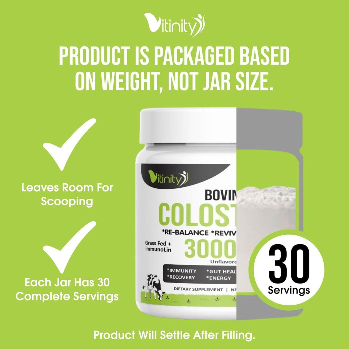 VITINITY Poudre de Colostrum Bovin 3000 mg dans un bol