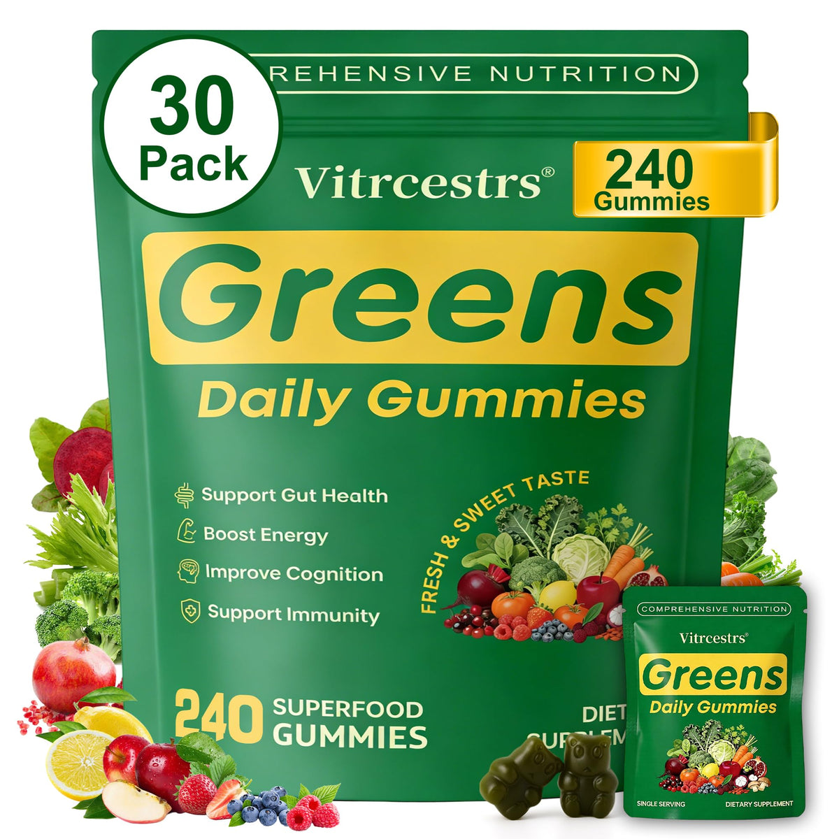 Vitrcestrs Gummies Super Greens 240 comprimés, vue de face