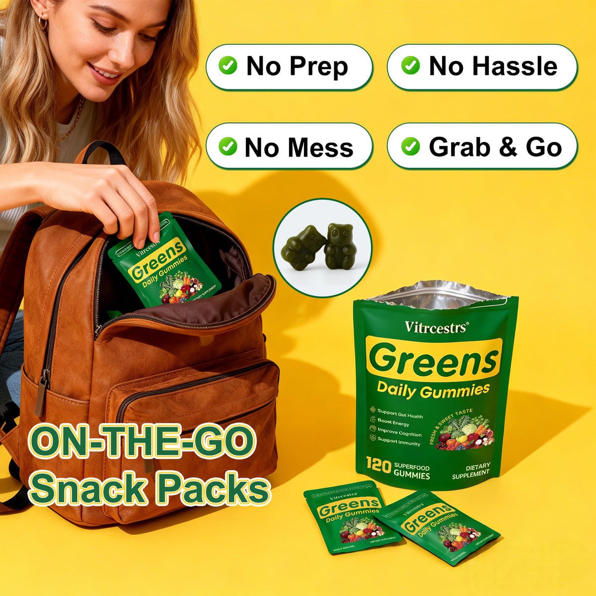 Vitrcestrs Gummies Super Greens pot ouvert montrant les gummies