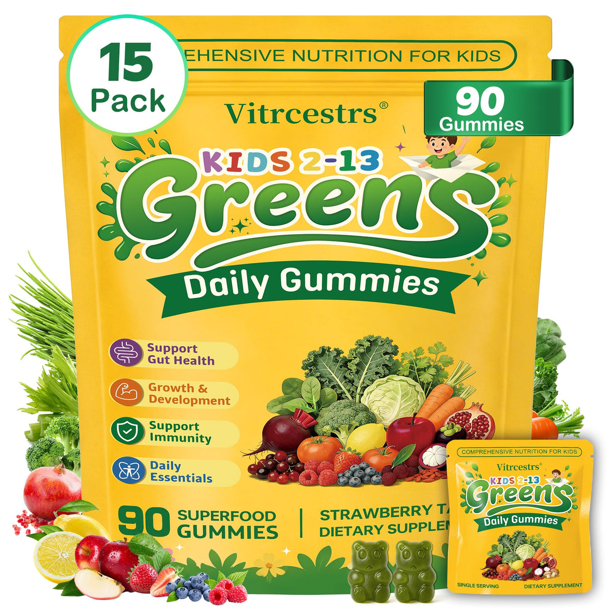 Vitrcestrs Gummies Super Greens pour Enfants, boîte de 90 gummies