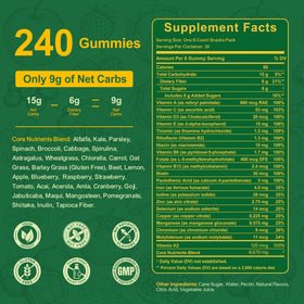 Vitrcestrs Gummies Super Greens, présentation des gummies à côté d'un verre d'eau