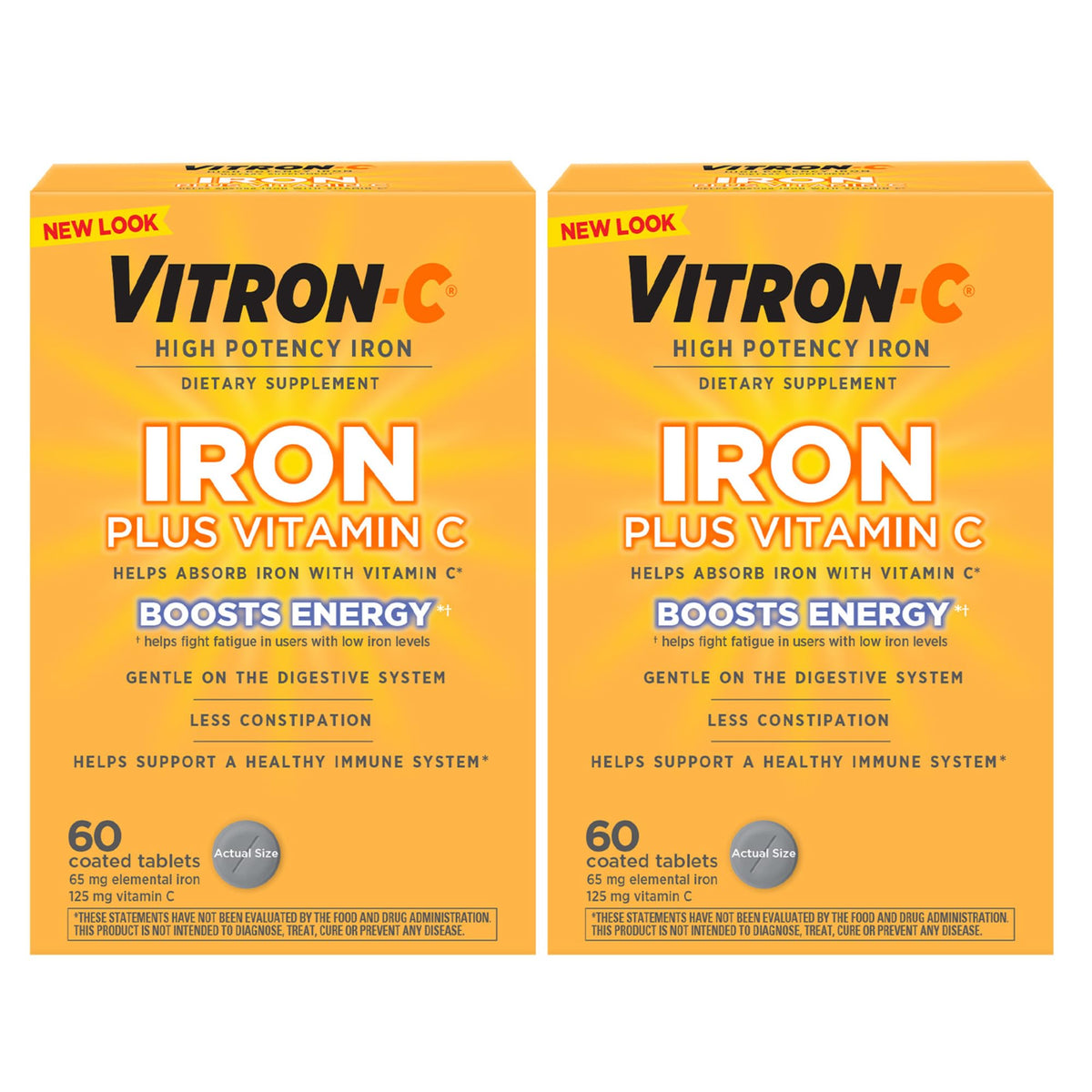 Vitron-C Complément Alimentaire Fer 65 mg + Vitamine C 125 mg, 60 comprimés, vue de face